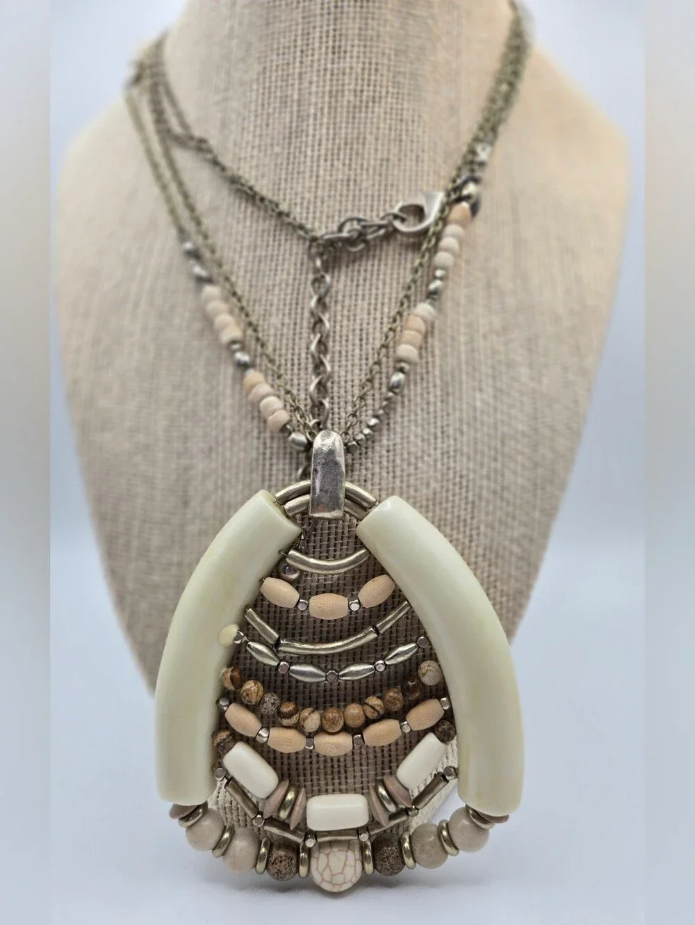 Chico's Long Cream Tan Silver Multi-Bead Pendant Necklace Tribal Ethnic Boho